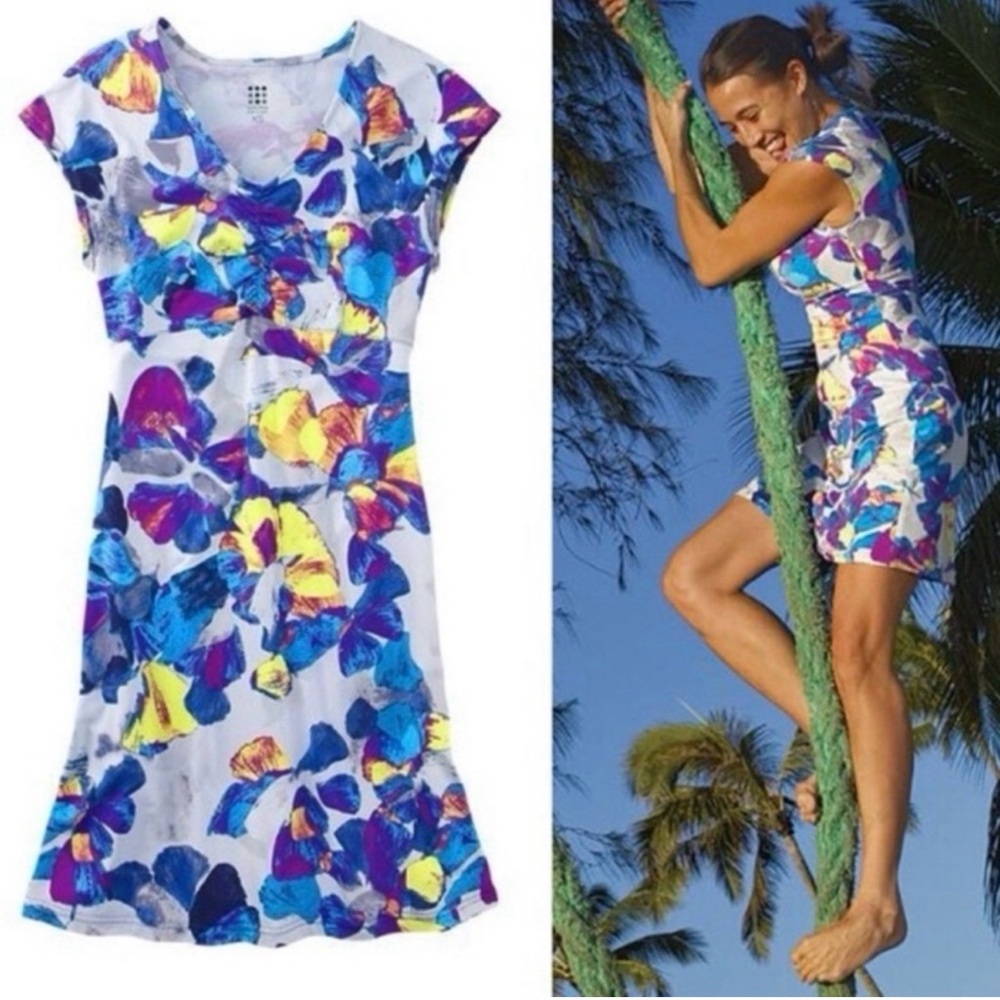 Floral Print Cap-Sleeve Dress - Blue & Yellow